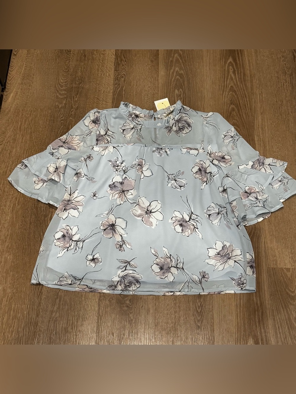 Monteau Pastel Floral Sheer Ruffle Mock-Neck Blouse - Light Blue